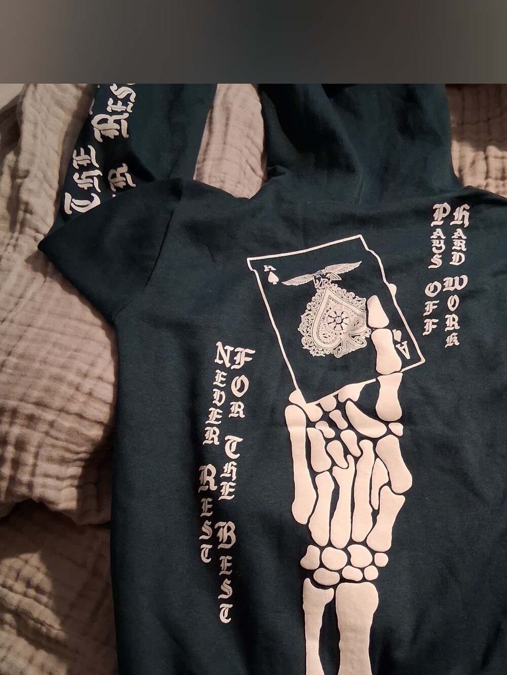 Kids Dark Teal Graphic Hoodie with White Skeleton Hand Print M(8-10)